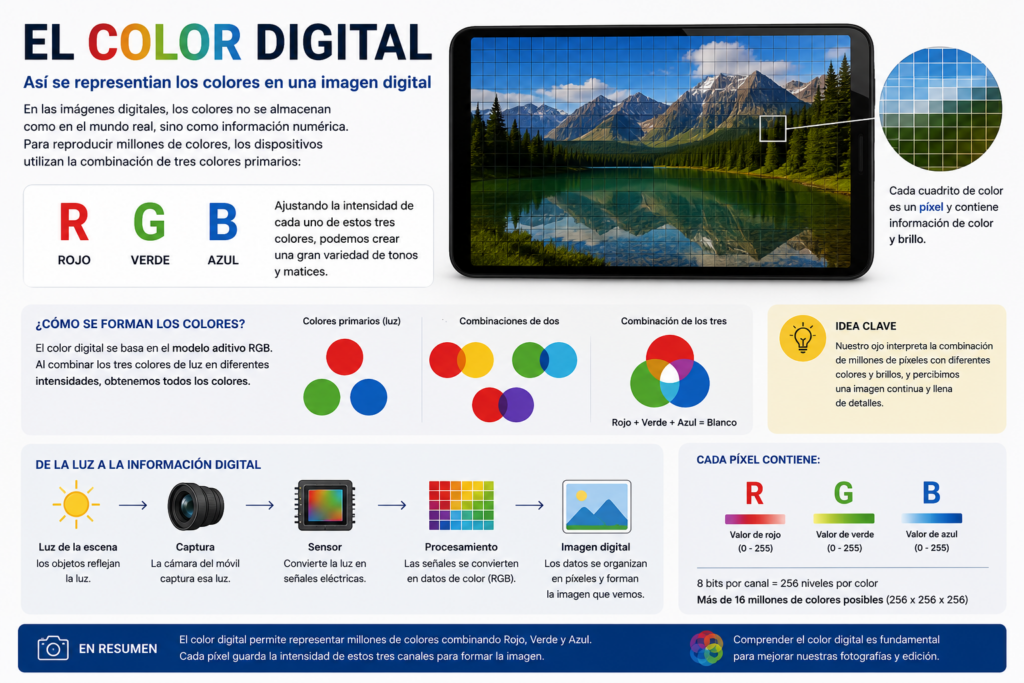 el color digital En los sistemas digitales de imagen se utiliza habitualmente el modelo RGB, basado en tres colores principales: R — Rojo G — Verde B — Azul Mediante diferentes intensidades de estos tres componentes se pueden representar una enorme cantidad de colores.