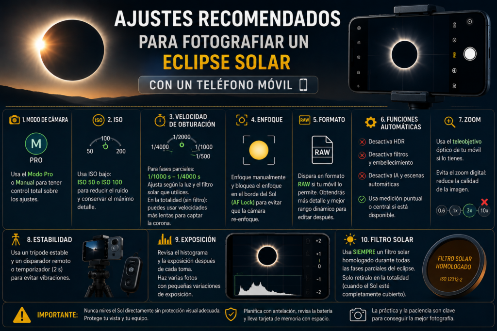Ajustes recomendados para fotografiar el eclipse solar