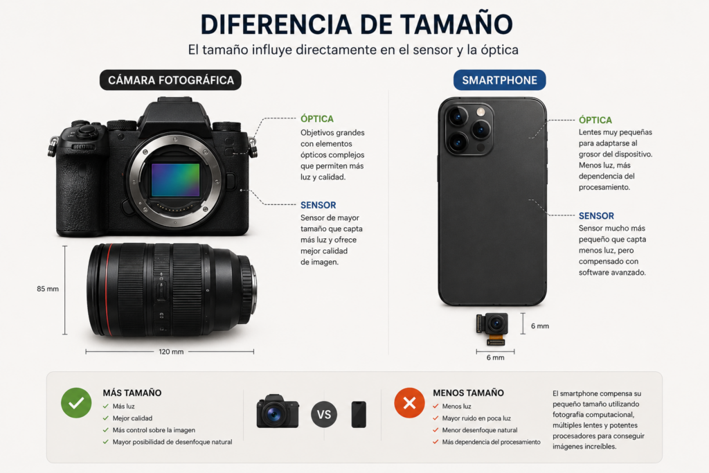 Diferencia de tamaño smartphone y cámara