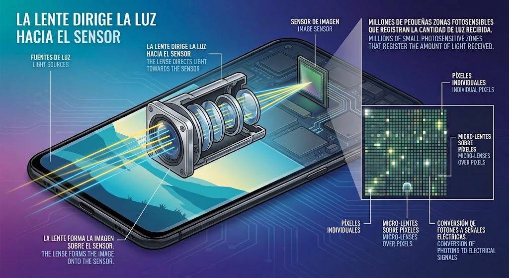 La lente dirige la luz hacia el sensor